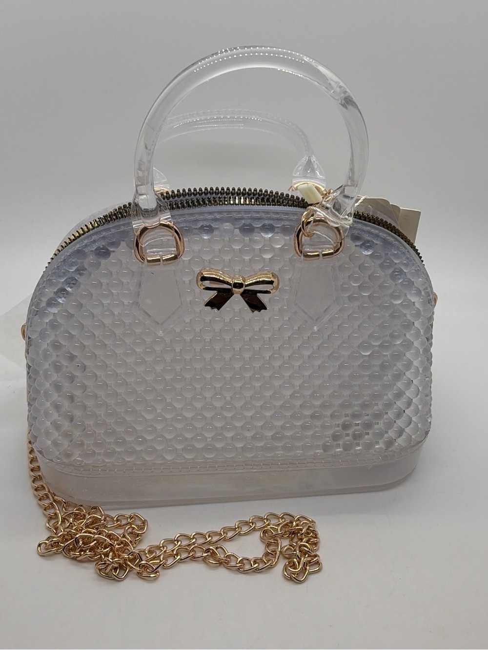 Le Miel Clear Bubble Jelly Dome Satchel Gold Chain Handbag NWT